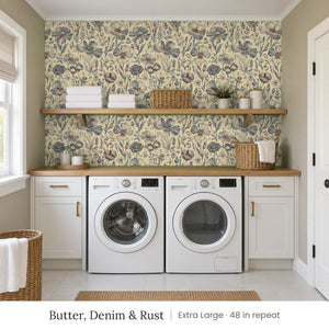 Posy Butter, Denim & Rust peel and stick wallpaper, extra large 48 in repeat, in a laundry room with a wood shelf above the machines