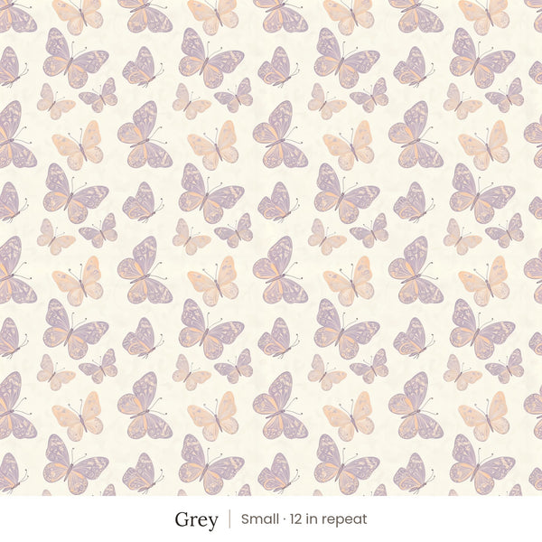Butterfly Kisses wallpaper in Grey, small 12 in repeat, lavender and peach butterflies on a cream ground