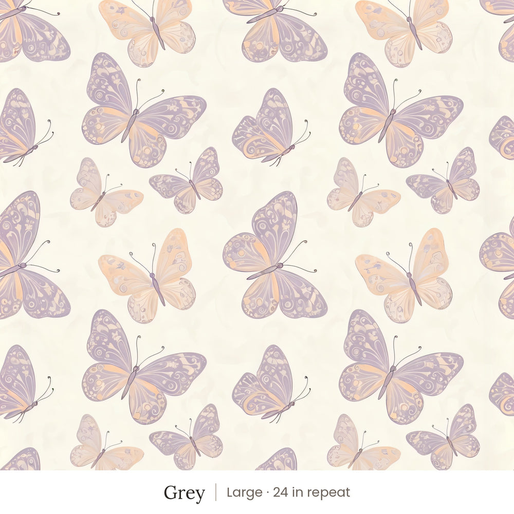 Butterfly Kisses Grey peel and stick wallpaper, large 24 in repeat, above a white baseboard and oak floor