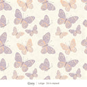 Butterfly Kisses wallpaper in Grey, large 24 in repeat, lavender and peach butterflies on a cream ground