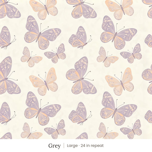 Butterfly Kisses wallpaper in Grey, large 24 in repeat, lavender and peach butterflies on a cream ground