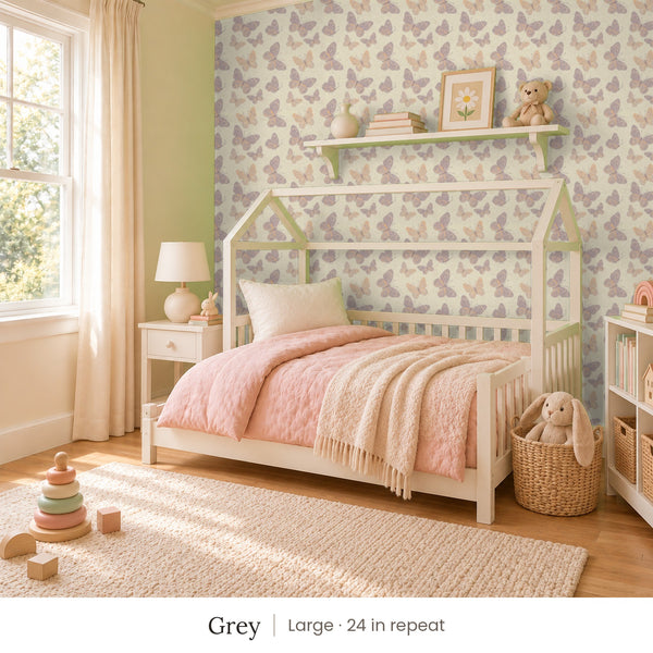 Butterfly Kisses Grey peel and stick wallpaper, large 24 in repeat, in a girl's bedroom with a white house bed and a pink quilt