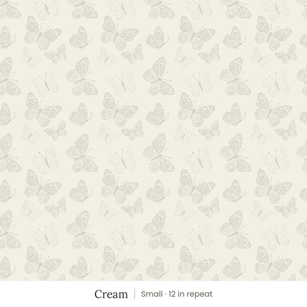 Butterfly Kisses wallpaper in Cream, small 12 in repeat, soft gray butterflies on a cream ground