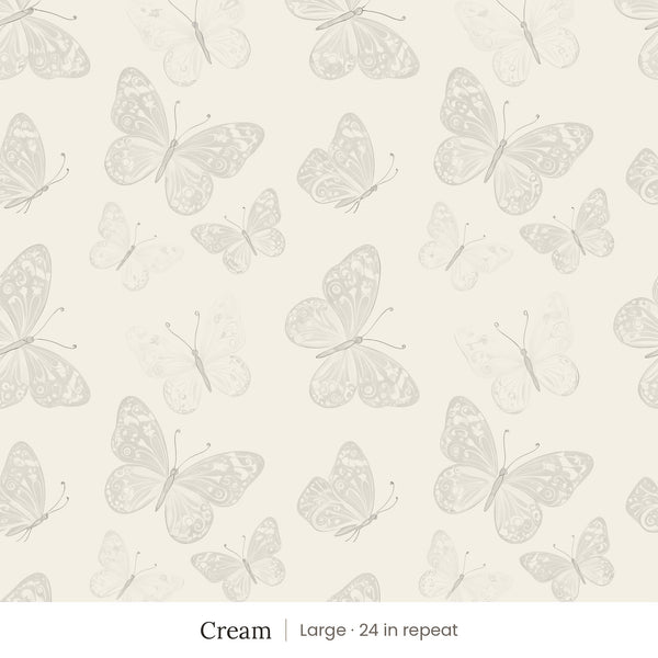 Butterfly Kisses wallpaper in Cream, large 24 in repeat, soft gray butterflies on a cream ground
