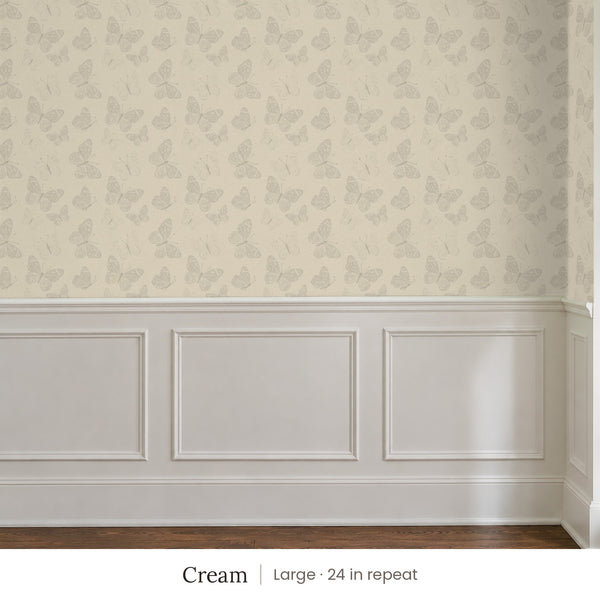 Butterfly Kisses Cream peel and stick wallpaper, large 24 in repeat, above white panel wainscoting