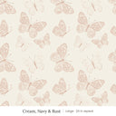 Butterfly Kisses wallpaper in Cream, Navy & Rust, large 24 in repeat, blush and rust butterflies on a cream ground