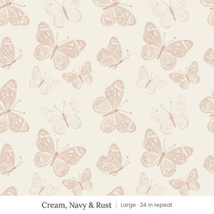 Butterfly Kisses wallpaper in Cream, Navy & Rust, large 24 in repeat, blush and rust butterflies on a cream ground