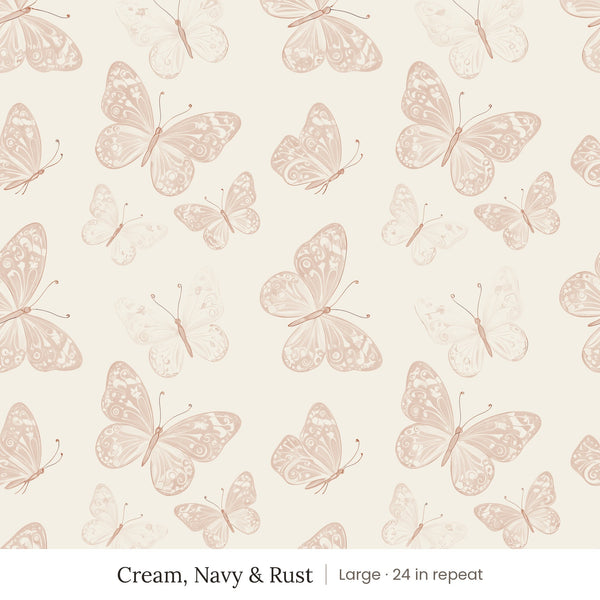 Butterfly Kisses wallpaper in Cream, Navy & Rust, large 24 in repeat, blush and rust butterflies on a cream ground