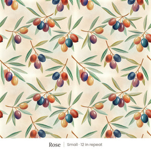 Olivia wallpaper in Rose, small 12 in repeat, olive branches with blue, plum and amber olives on a cream ground
