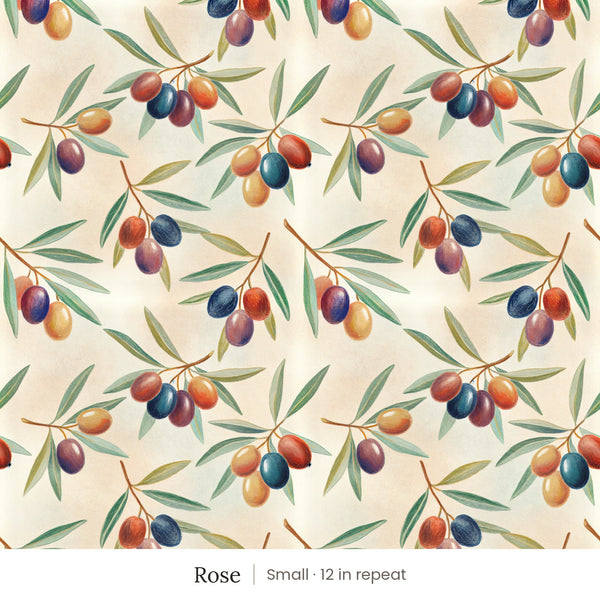 Olivia wallpaper in Rose, small 12 in repeat, olive branches with blue, plum and amber olives on a cream ground