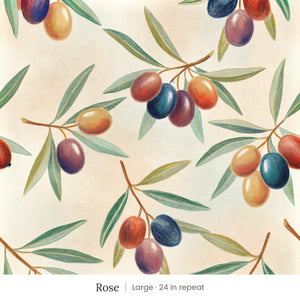 Olivia wallpaper in Rose, large 24 in repeat, olive branches with blue, plum and amber olives on a cream ground