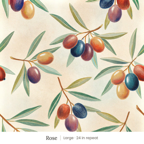 Olivia wallpaper in Rose, large 24 in repeat, olive branches with blue, plum and amber olives on a cream ground