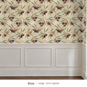 Olivia Rose peel and stick wallpaper, large 24 in repeat, above white panel wainscoting