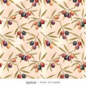Olivia wallpaper in Apricot, small 12 in repeat, olive branches with plum and amber olives on an apricot ground