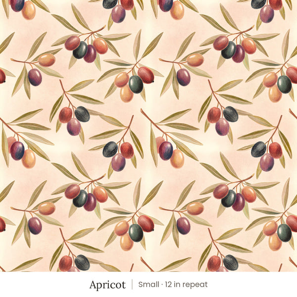 Olivia wallpaper in Apricot, small 12 in repeat, olive branches with plum and amber olives on an apricot ground