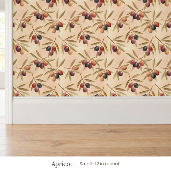 Olivia Apricot peel and stick wallpaper, small 12 in repeat, above a white baseboard and oak floor