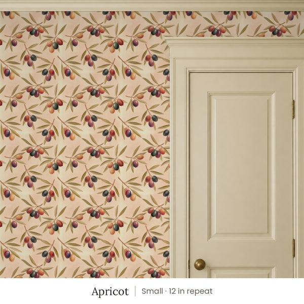 Olivia Apricot peel and stick wallpaper, small 12 in repeat, beside a cream paneled door