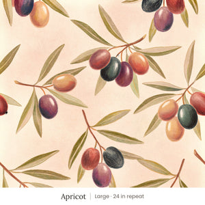 Olivia wallpaper in Apricot, large 24 in repeat, olive branches with plum and amber olives on an apricot ground