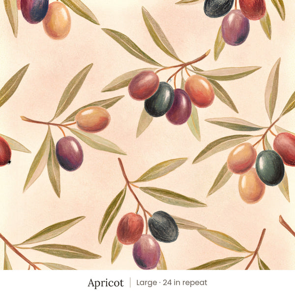 Olivia wallpaper in Apricot, large 24 in repeat, olive branches with plum and amber olives on an apricot ground
