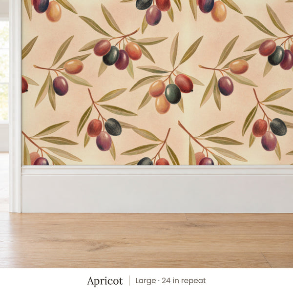 Olivia Apricot peel and stick wallpaper, large 24 in repeat, above a white baseboard and oak floor