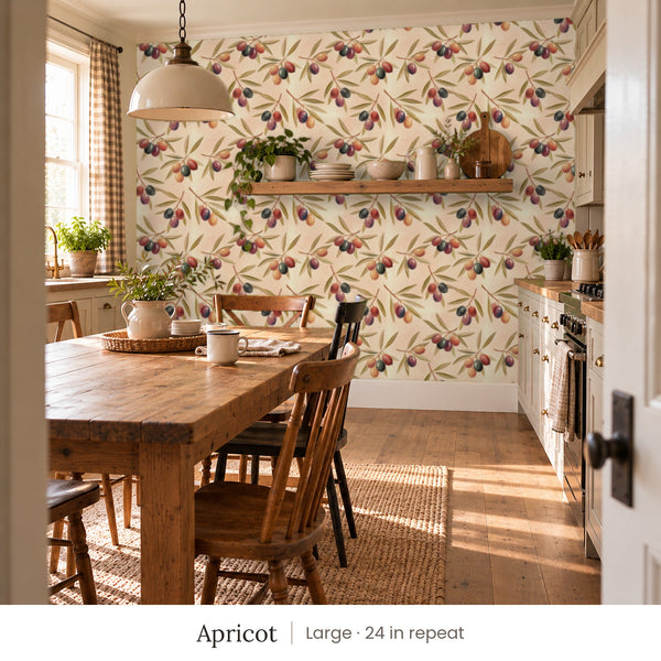 Olivia Apricot peel and stick wallpaper, large 24 in repeat, in a kitchen with a farmhouse table and open shelves