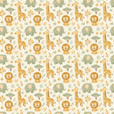 Sloe wallpaper in Honey, golden giraffes and lions with sage elephants on a cream ground