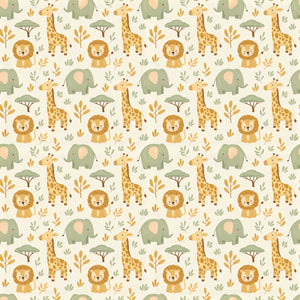 Sloe wallpaper in Honey, golden giraffes and lions with sage elephants on a cream ground