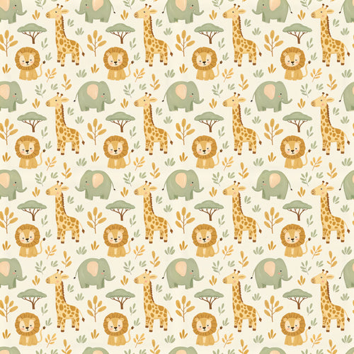 Sloe wallpaper in Honey, golden giraffes and lions with sage elephants on a cream ground
