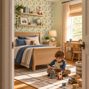 Sloe Honey peel and stick wallpaper in a boy's bedroom with a wood sleigh bed and a blue quilt