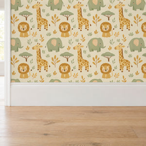Sloe Honey peel and stick wallpaper above a white baseboard and oak floor