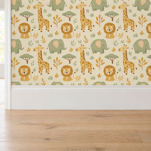 Sloe Honey peel and stick wallpaper above a white baseboard and oak floor
