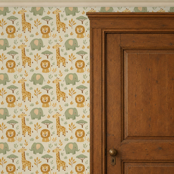Sloe Honey peel and stick wallpaper beside a wood door