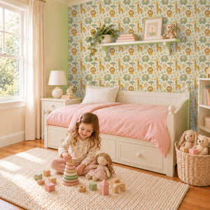 Sloe Honey peel and stick wallpaper in a girl's bedroom with a white daybed and a pink quilt