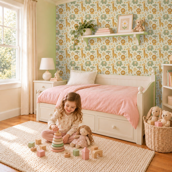 Sloe Honey peel and stick wallpaper in a girl's bedroom with a white daybed and a pink quilt