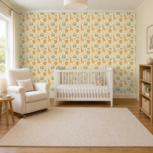 Sloe Honey peel and stick wallpaper in a nursery with a white crib and a rocking chair