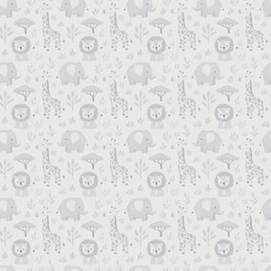 Sloe wallpaper in Mist, soft gray giraffes, lions and elephants on a pale gray ground