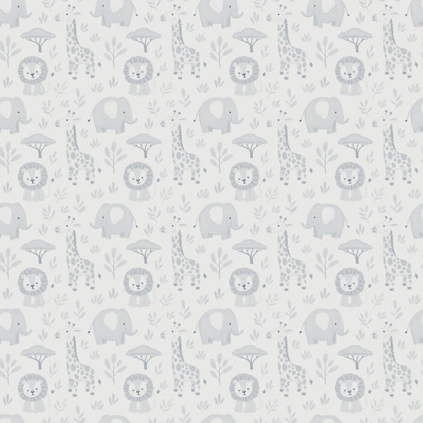 Sloe wallpaper in Mist, soft gray giraffes, lions and elephants on a pale gray ground