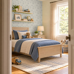 Sloe Mist peel and stick wallpaper in a boy's bedroom with a wood bed and a blue quilt