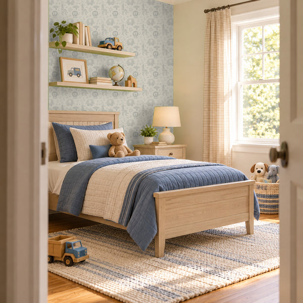 Sloe Mist peel and stick wallpaper in a boy's bedroom with a wood bed and a blue quilt