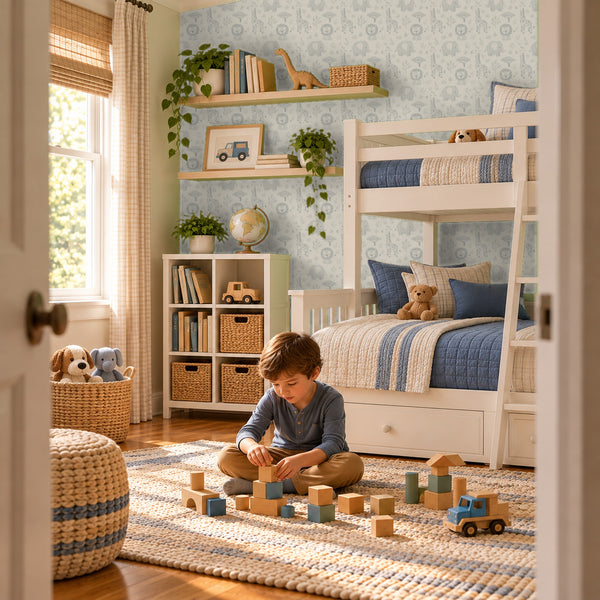 Sloe Mist peel and stick wallpaper in a boy's bedroom with white bunk beds