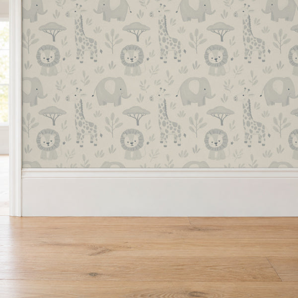 Sloe Mist peel and stick wallpaper above a white baseboard and oak floor