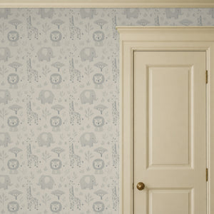 Sloe Mist peel and stick wallpaper beside a cream paneled door