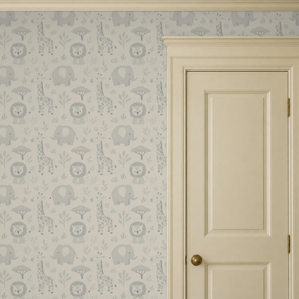 Sloe Mist peel and stick wallpaper beside a cream paneled door