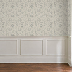 Sloe Mist peel and stick wallpaper above white panel wainscoting