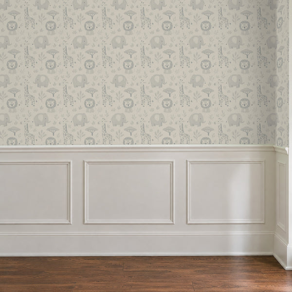 Sloe Mist peel and stick wallpaper above white panel wainscoting