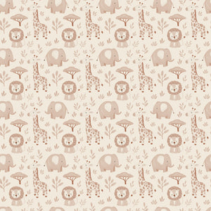 Sloe wallpaper in Blush, blush and taupe giraffes, lions and elephants on a cream ground