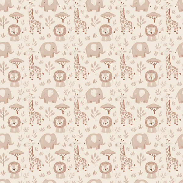Sloe wallpaper in Blush, blush and taupe giraffes, lions and elephants on a cream ground