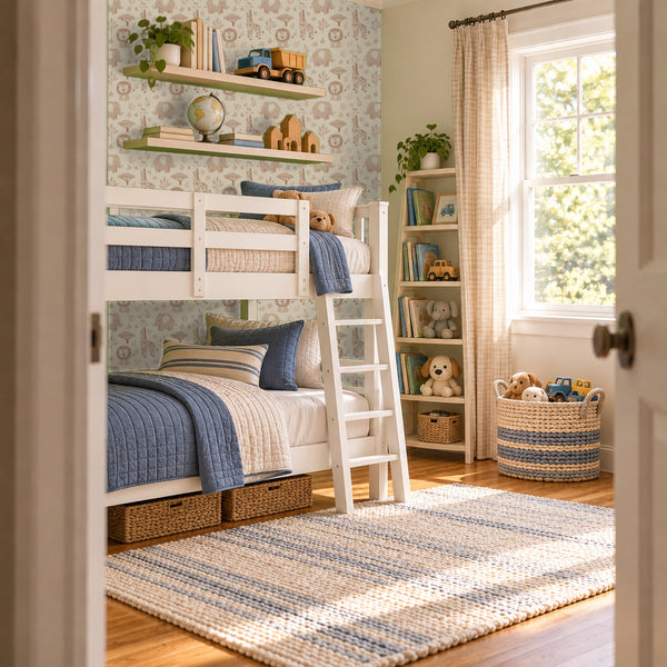 Sloe Blush peel and stick wallpaper in a kids' room with white bunk beds and a blue quilt