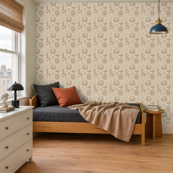 Sloe Blush peel and stick wallpaper in a kids' room with a wood daybed and navy cushions