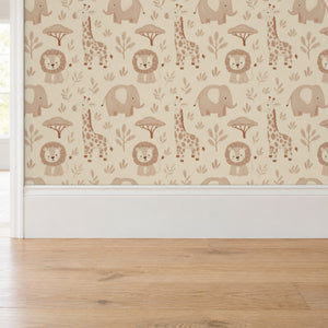 Sloe Blush peel and stick wallpaper above a white baseboard and oak floor